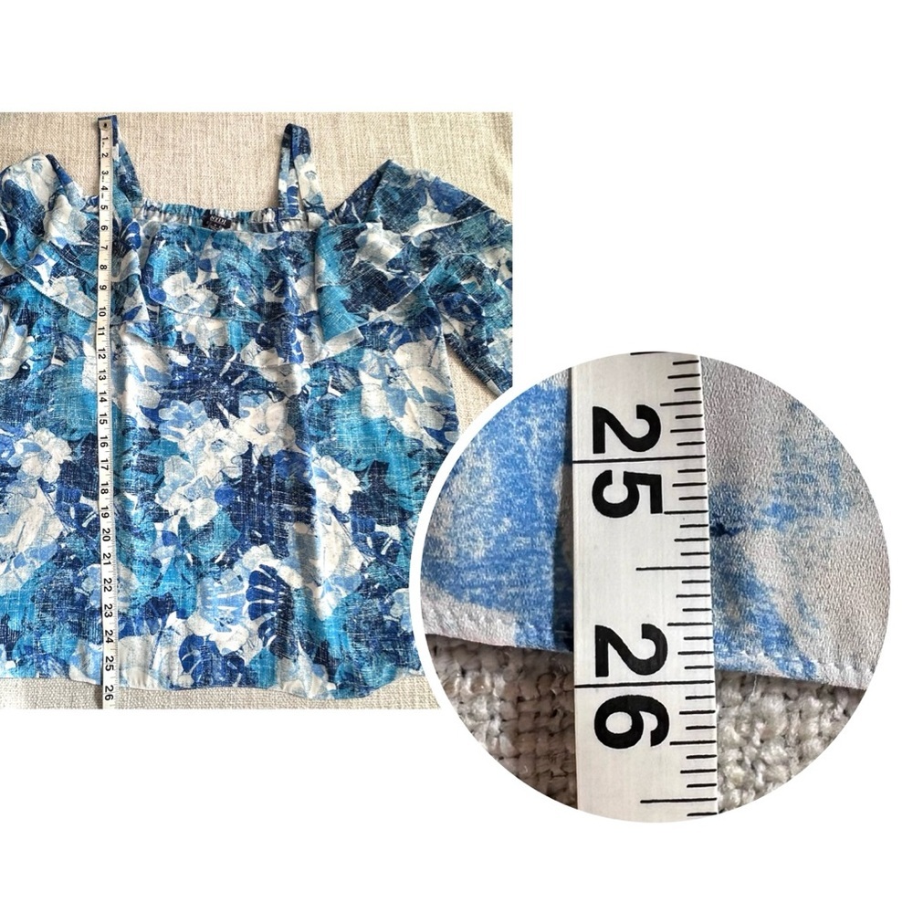 NYDJ Floral Cold Shoulder Top Blue White Ruffle Tunic Blouse Long Sleeve Women S - Picture 11 of 12
